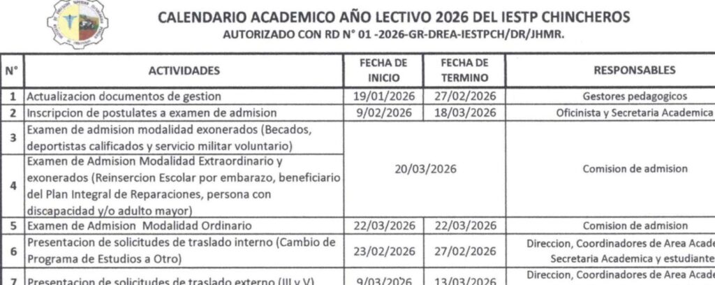 CALENDARIO ACADÉMICO AÑO LECTIVO 2026 DEL IESTP CHINCHEROS